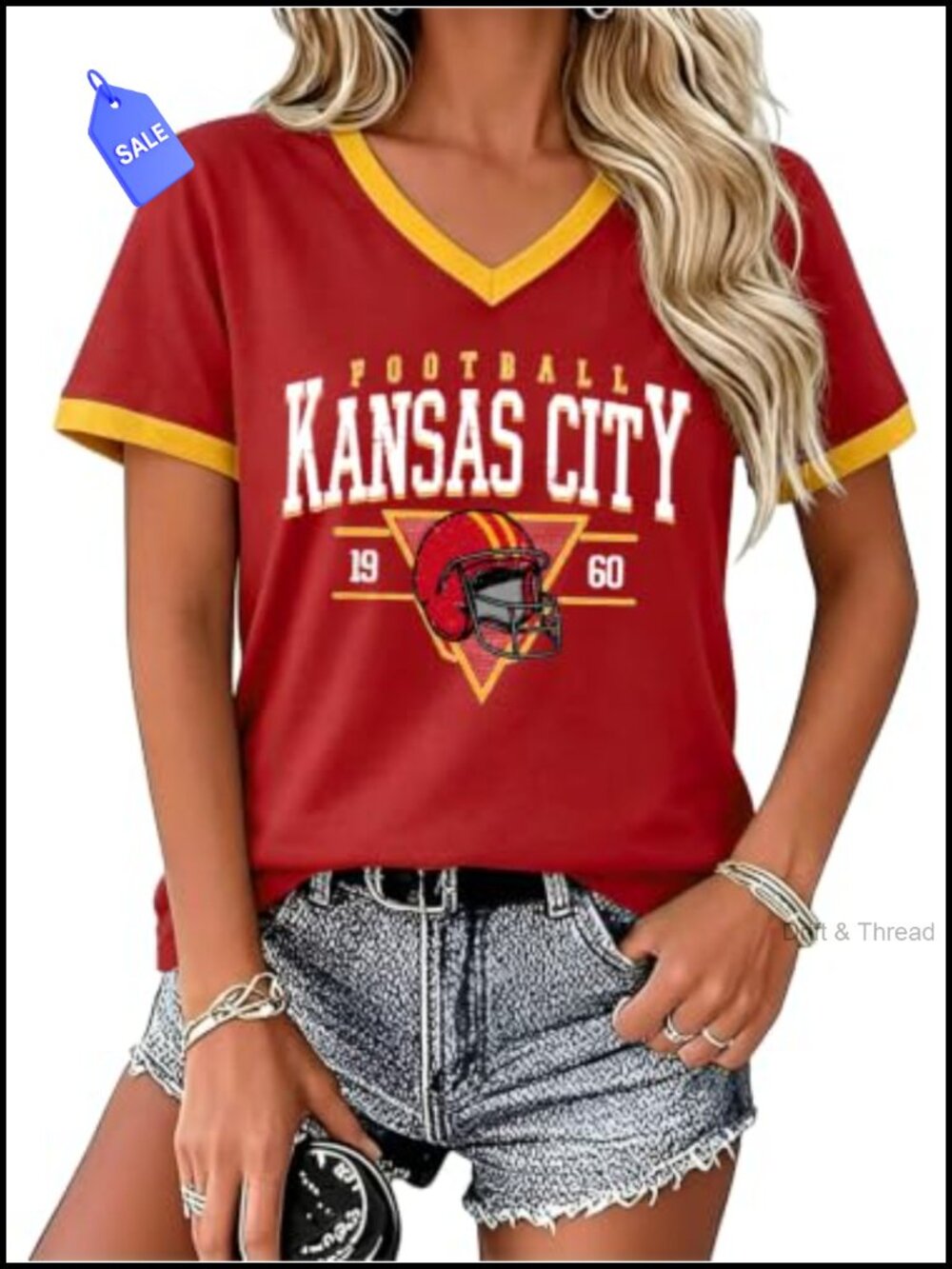 Women's V-Neck Football Graphic Tee Short Sleeve Game Day Shirt